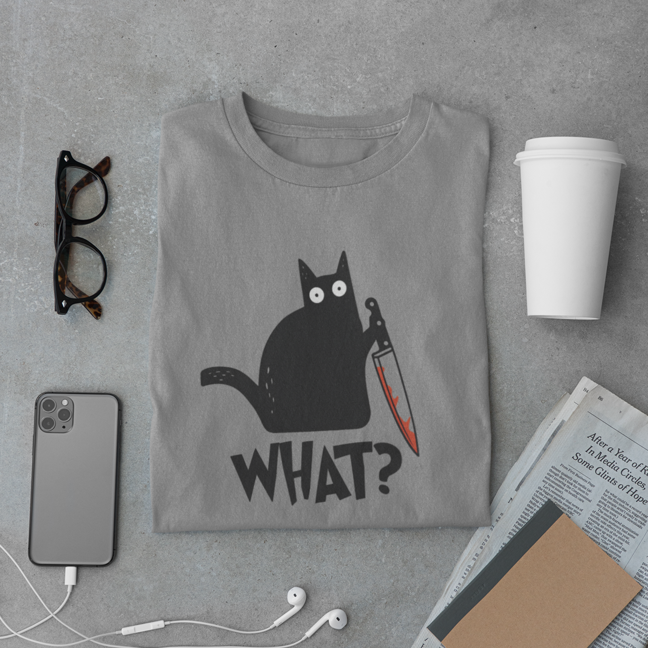 Black Cat With Knife T-Shirt – Funny What? Creepy Cat Meme Tee