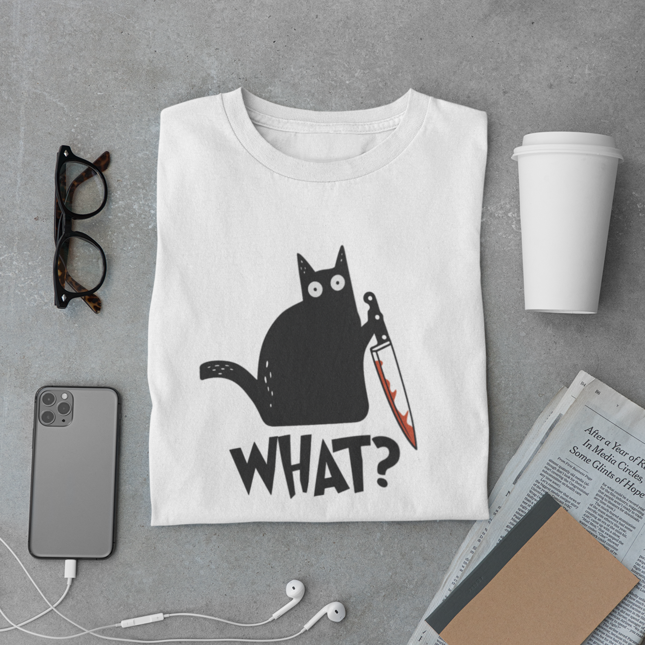 Black Cat With Knife T-Shirt – Funny What? Creepy Cat Meme Tee